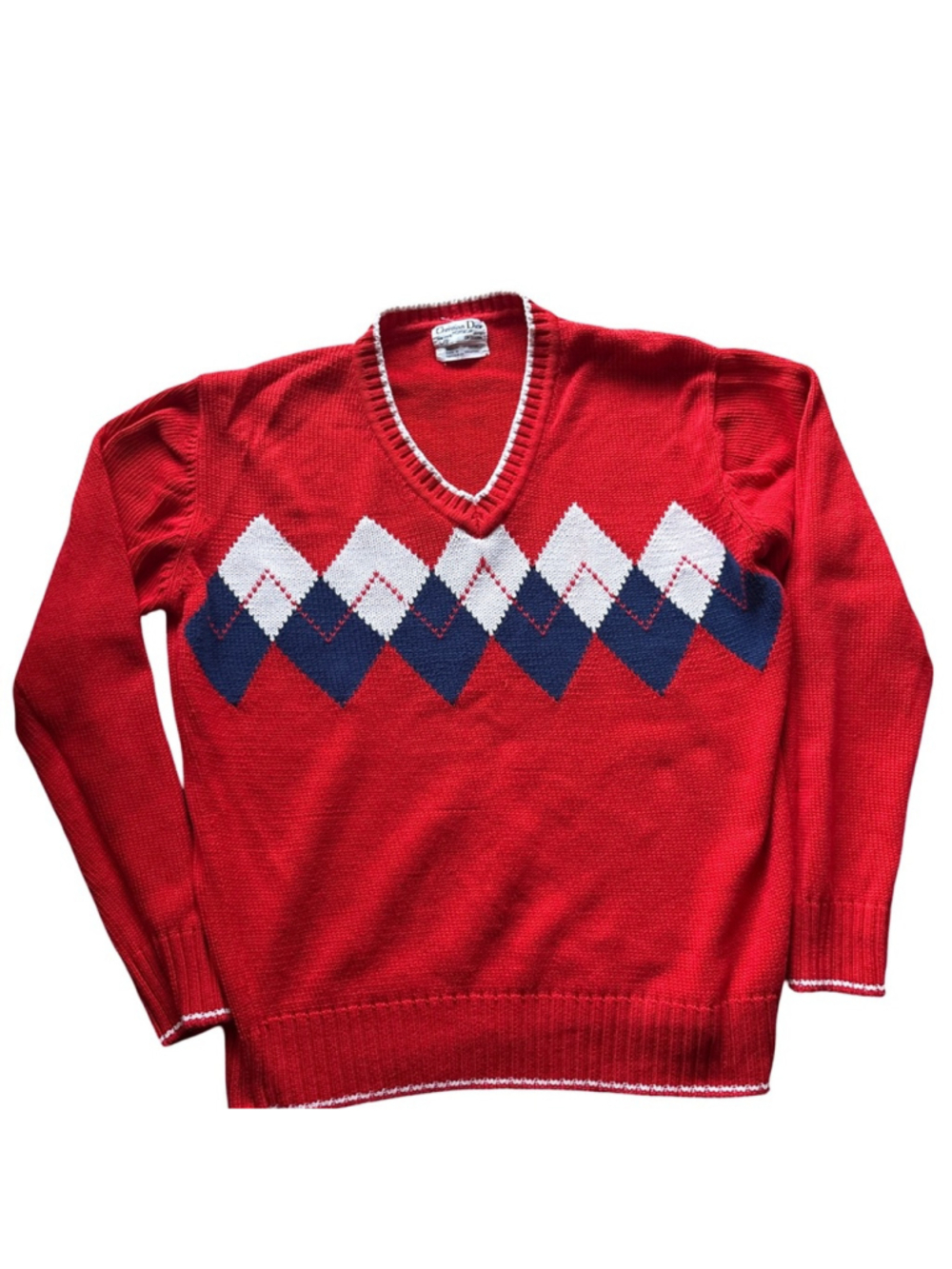 Christian Dior Monsieur Red Argyle V-Neck Sweater - size L